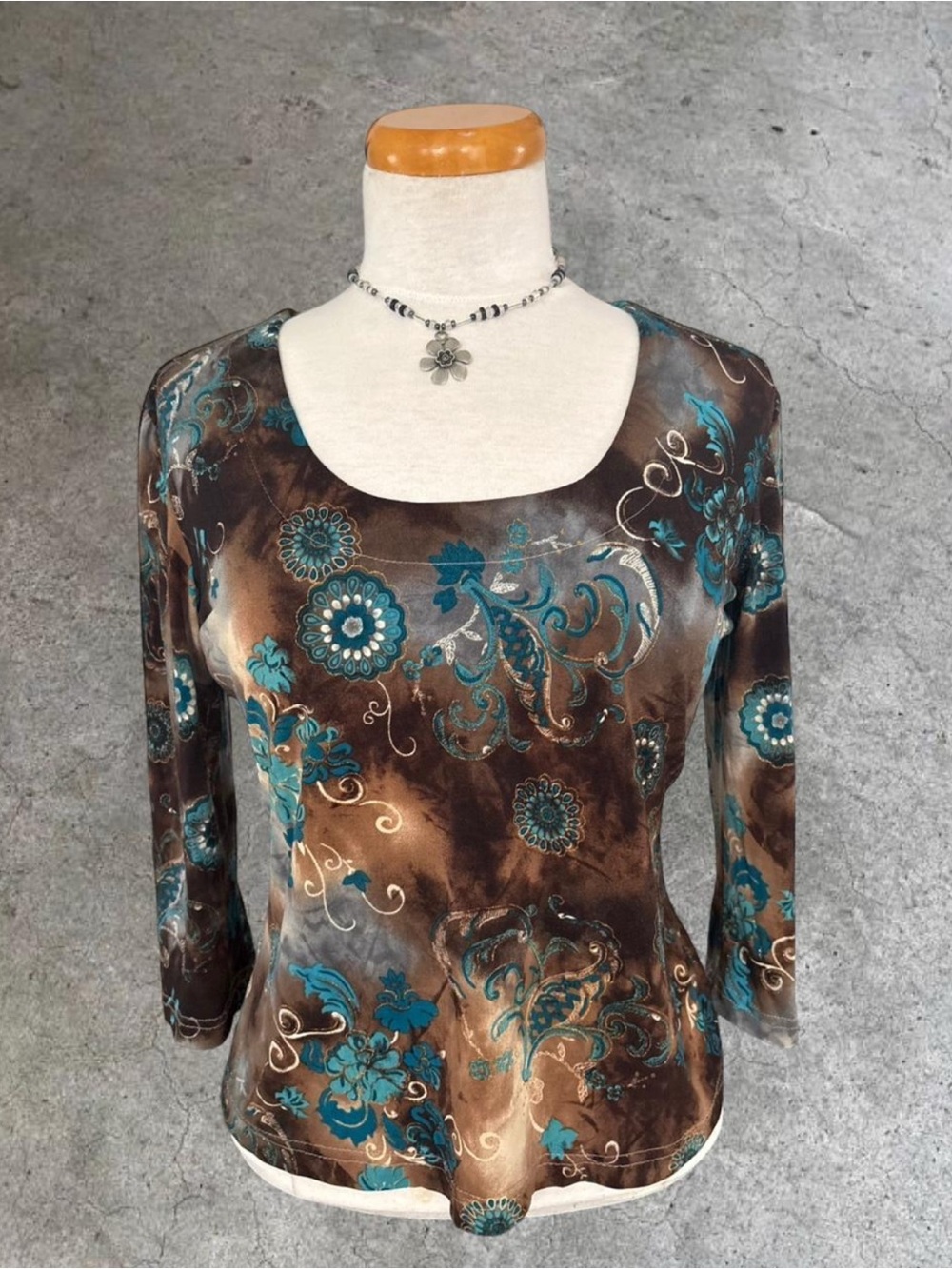 Women’s Teal & Brown Floral Long Sleeve Scoop Neck Top